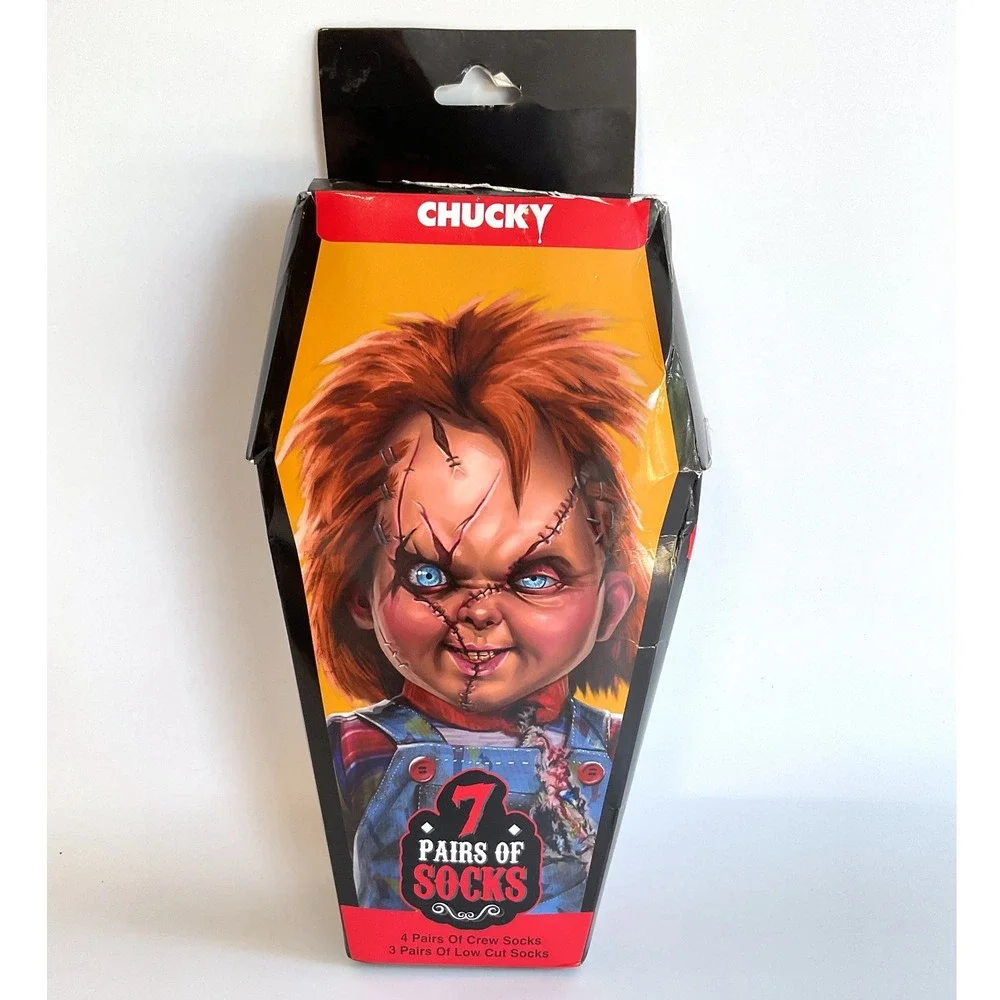 Chucky Child's Play 7 Pair Sock Set Coffin Box Crew Low Cut Mens Size 6-12 NEW
